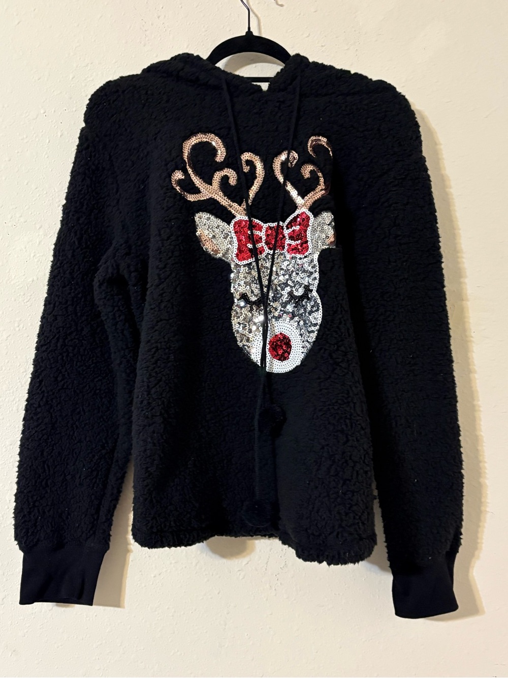 Source Unknown Black Sherpa Hoodie with Sequin Reindeer Motif
